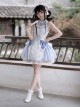 Chinese Style Frost Ice Blue Landscape Print Classic Lolita Stand Collar Bare Shoulder Puff Sleeves Short Dress