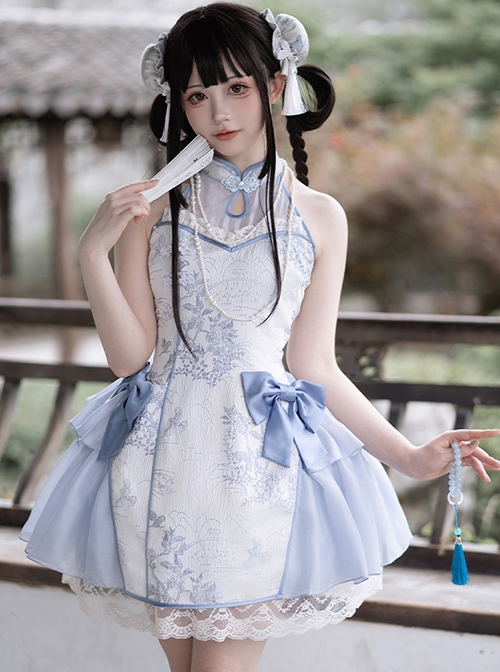 Chinese Style Frost Ice Blue Landscape Print Classic Lolita Stand Collar Bare Shoulder Puff Sleeves Short Dress