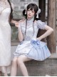 Chinese Style Frost Ice Blue Landscape Print Classic Lolita Stand Collar Bare Shoulder Puff Sleeves Short Dress