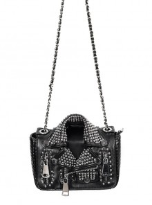 Punk Style Personalized Metal Rivet Zipper Decoration Black Imitation Leather Collar Chain Bag