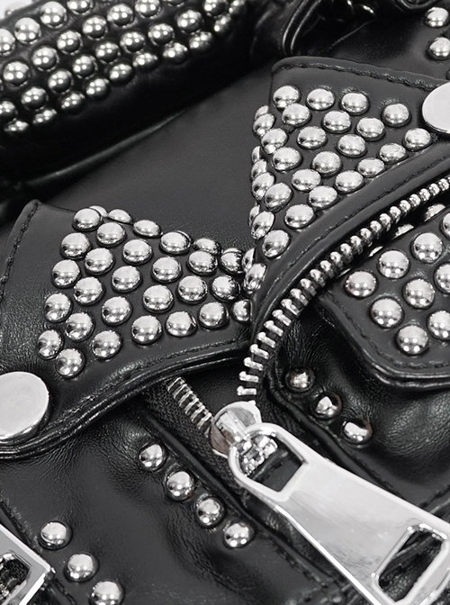 Punk Style Personalized Metal Rivet Zipper Decoration Black Imitation Leather Collar Chain Bag