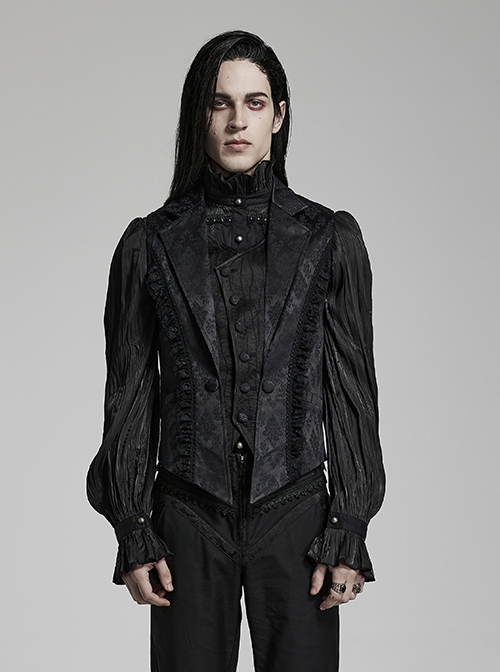 Gothic Style Elegant Lapel Exquisite Lace Ruffle Placket Jacquard Dark Pattern Black Fake Two Piece Vest