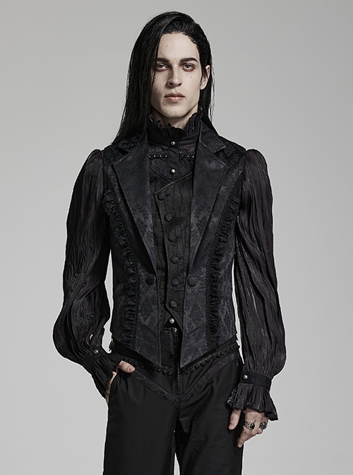 Gothic Style Elegant Lapel Exquisite Lace Ruffle Placket Jacquard Dark Pattern Black Fake Two Piece Vest