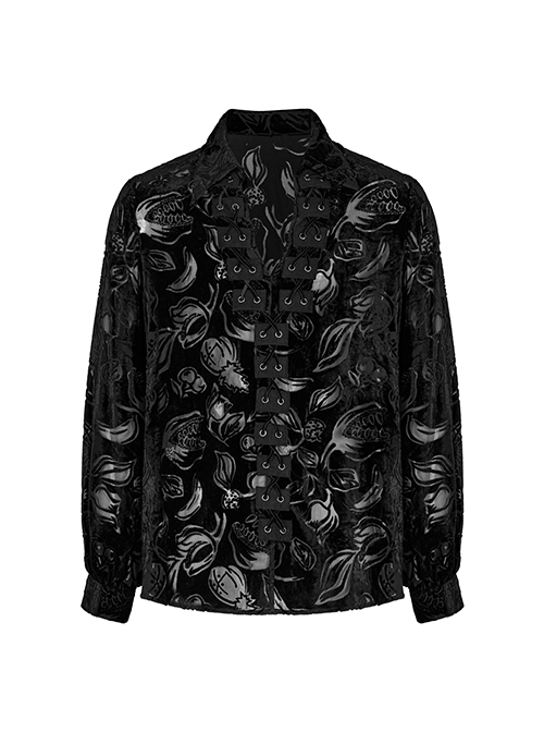 Gothic Style Lapel Gorgeous Flocked Devoured Mesh Vintage Mushroom Button Black Lantern Sleeves Shirt