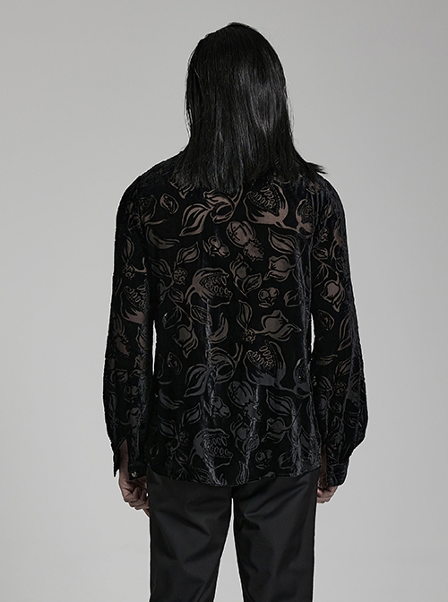 Gothic Style Lapel Gorgeous Flocked Devoured Mesh Vintage Mushroom Button Black Lantern Sleeves Shirt