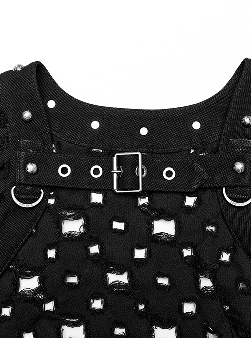 Punk Style Decadent Hole Twill Fabric Cool Metal Skull Rivet Decoration Black Short Sleeves Cardigan