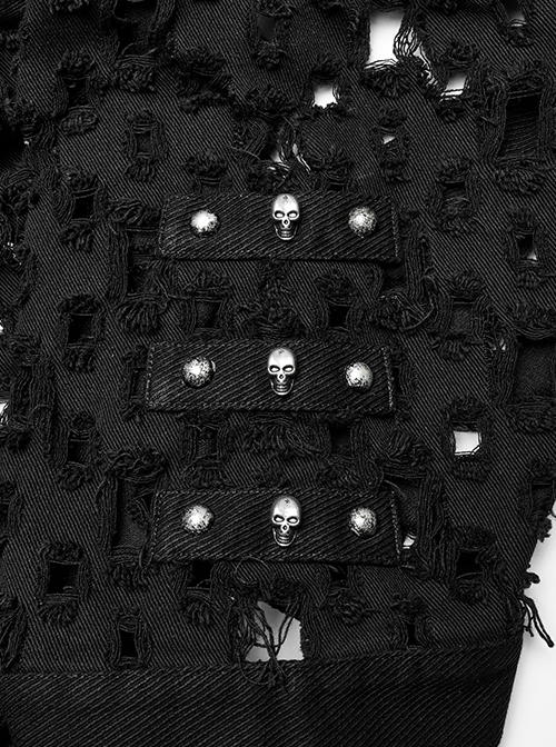 Punk Style Decadent Hole Twill Fabric Cool Metal Skull Rivet Decoration Black Short Sleeves Cardigan