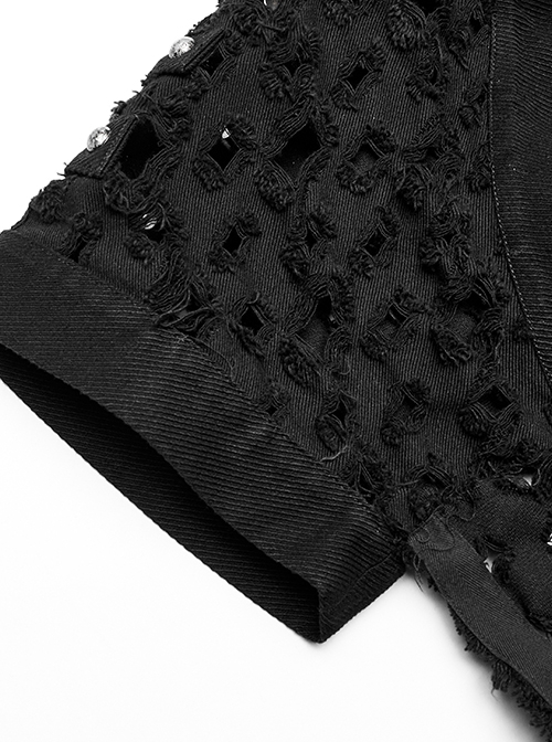 Punk Style Decadent Hole Twill Fabric Cool Metal Skull Rivet Decoration Black Short Sleeves Cardigan