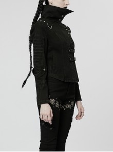 Punk Style Stand Collar Decadent Wash Old Effect Handsome Metal Rivet Black Long Sleeves Denim Jacket
