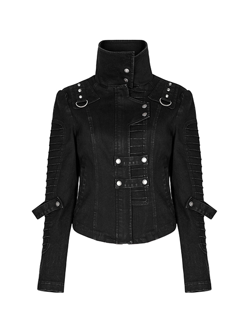 Punk Style Stand Collar Decadent Wash Old Effect Handsome Metal Rivet Black Long Sleeves Denim Jacket