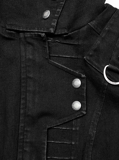 Punk Style Stand Collar Decadent Wash Old Effect Handsome Metal Rivet Black Long Sleeves Denim Jacket