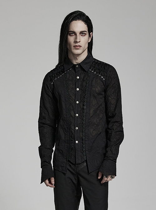 Gothic Style Elegant Lapel Delicate Lace Shoulder Drawstrings Vintage Light Black Long Sleeves Shirt