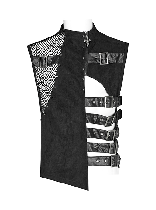 Punk Style Unique Irregular Stitching Design Handsome Metal Ring Devil Shape Zipper Decoration Hollow Black Vest