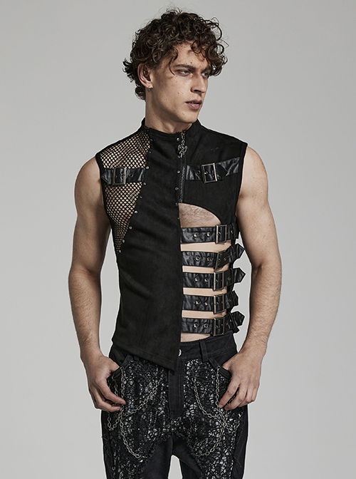 Punk Style Unique Irregular Stitching Design Handsome Metal Ring Devil Shape Zipper Decoration Hollow Black Vest