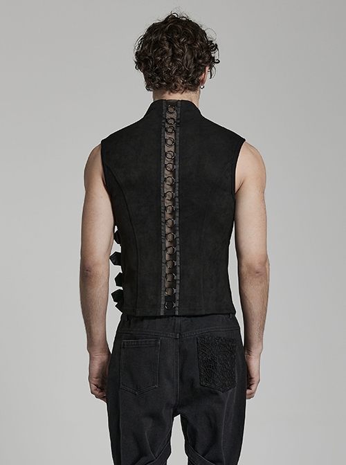 Punk Style Unique Irregular Stitching Design Handsome Metal Ring Devil Shape Zipper Decoration Hollow Black Vest