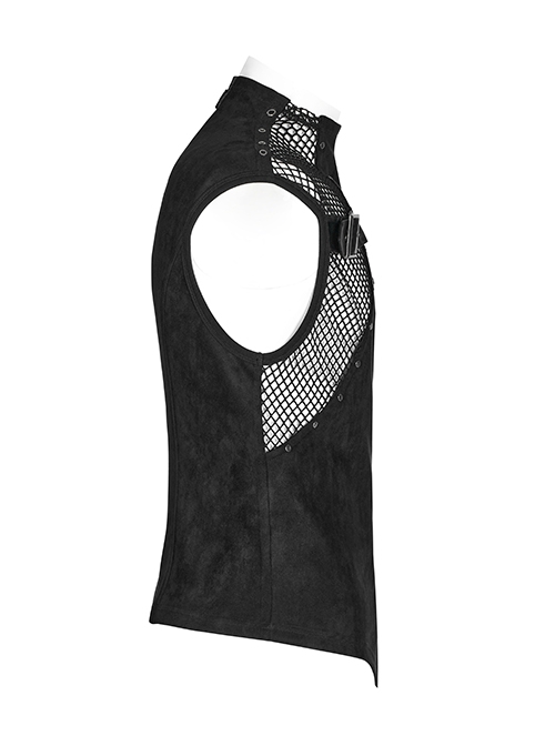 Punk Style Unique Irregular Stitching Design Handsome Metal Ring Devil Shape Zipper Decoration Hollow Black Vest