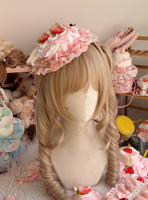 Tea Party Cloth Lace Ruffle Bowknot Double Strawberry Pink Cake Dessert Sweet Lolita Hairpin Flat Hat