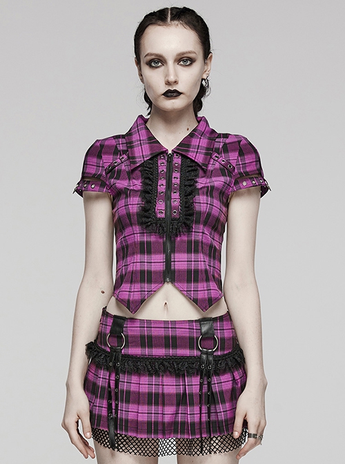 Punk Style Lace Placket Decoration Yarn Dyed Lattice  Pointed Hem Black  Purple Short Sleeves Exposed Navel Shirt