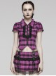 Punk Style Lace Placket Decoration Yarn Dyed Lattice  Pointed Hem Black  Purple Short Sleeves Exposed Navel Shirt