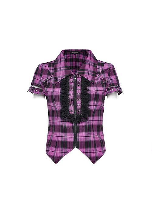 Punk Style Lace Placket Decoration Yarn Dyed Lattice  Pointed Hem Black  Purple Short Sleeves Exposed Navel Shirt