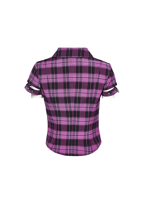 Punk Style Lace Placket Decoration Yarn Dyed Lattice  Pointed Hem Black  Purple Short Sleeves Exposed Navel Shirt