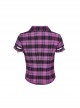 Punk Style Lace Placket Decoration Yarn Dyed Lattice  Pointed Hem Black  Purple Short Sleeves Exposed Navel Shirt