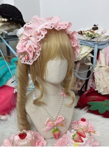 Tea Party Cute Small Strawberry Pendant Cloth Lace Ruffle Ribbon Bowknot Pink Sweet Lolita Wide Headband