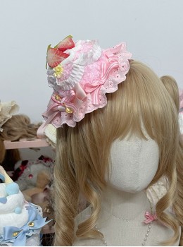 Simulated Cute Double Strawberry Cake Pink Cream Fluffy Lace Ribbon Bowknot Sweet Lolita High Hat