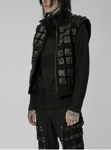 Punk Style High Collar Unique Geometric Pattern Design Shoulder Buckle Handsome Black Male Vest