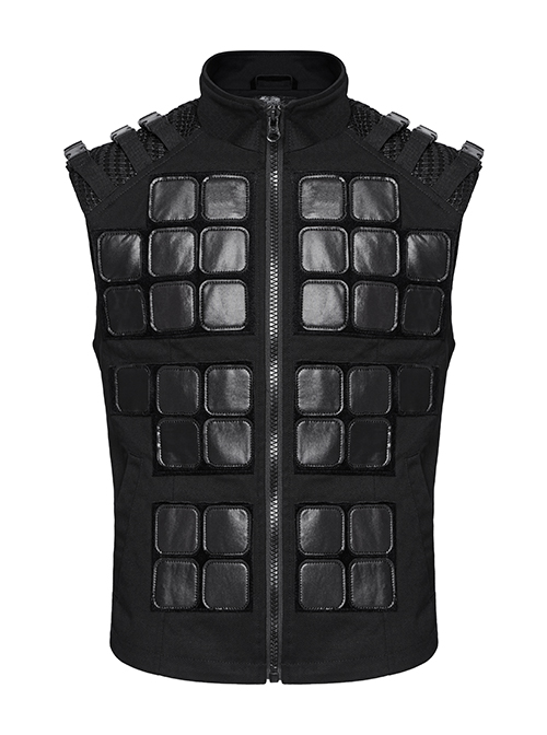 Punk Style High Collar Unique Geometric Pattern Design Shoulder Buckle Handsome Black Male Vest