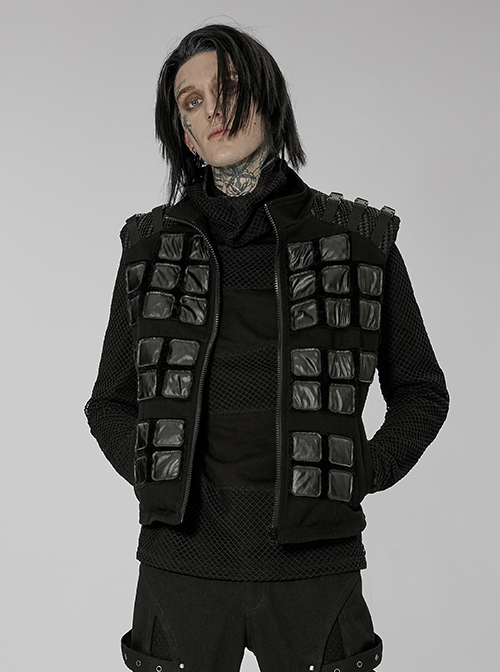 Punk Style High Collar Unique Geometric Pattern Design Shoulder Buckle Handsome Black Male Vest