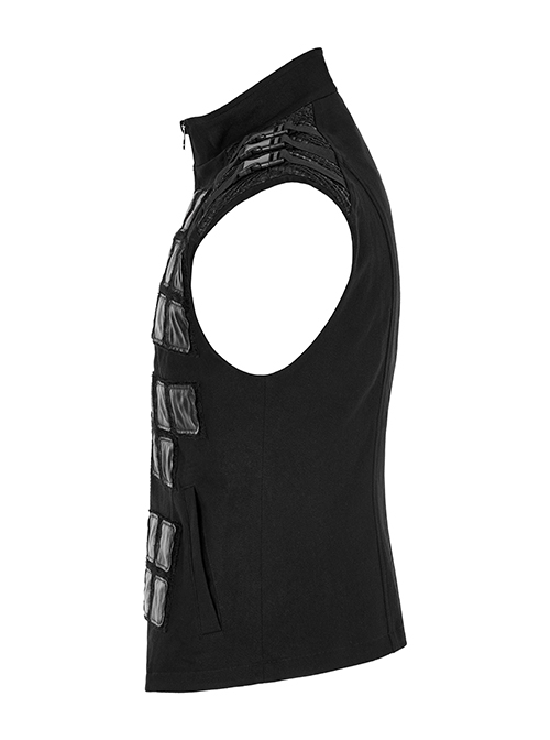 Punk Style High Collar Unique Geometric Pattern Design Shoulder Buckle Handsome Black Male Vest