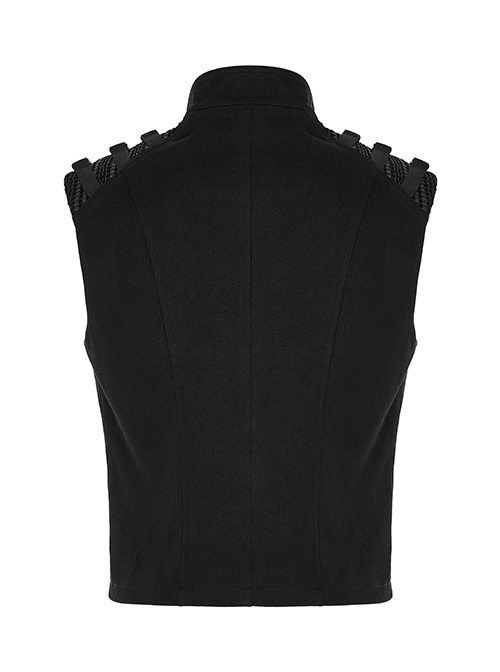 Punk Style High Collar Unique Geometric Pattern Design Shoulder Buckle Handsome Black Male Vest