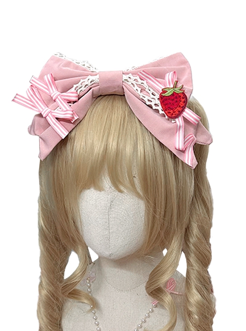 Kawaii Versatile Cream Pink Handmade Bowknot Cute Strawberry Embroidered Patch Sweet Lolita Hairband