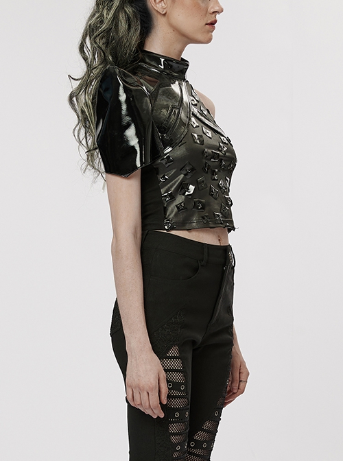 Punk Style Shiny Patent Leather Mesh Splicing Unique Futuristic Pattern Black One Arm Mechanical Harness