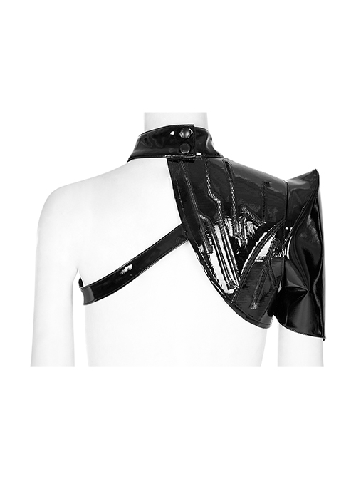 Punk Style Shiny Patent Leather Mesh Splicing Unique Futuristic Pattern Black One Arm Mechanical Harness