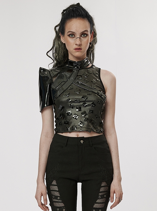 Punk Style Shiny Patent Leather Mesh Splicing Unique Futuristic Pattern Black One Arm Mechanical Harness