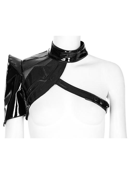 Punk Style Shiny Patent Leather Mesh Splicing Unique Futuristic Pattern Black One Arm Mechanical Harness