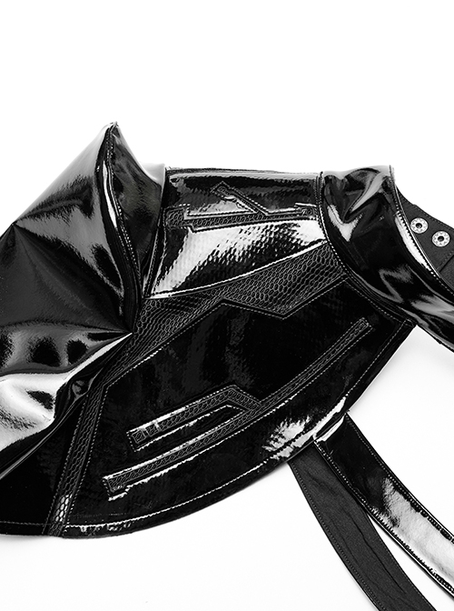 Punk Style Shiny Patent Leather Mesh Splicing Unique Futuristic Pattern Black One Arm Mechanical Harness