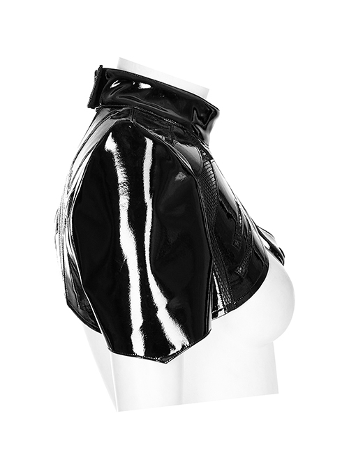 Punk Style Shiny Patent Leather Mesh Splicing Unique Futuristic Pattern Black One Arm Mechanical Harness