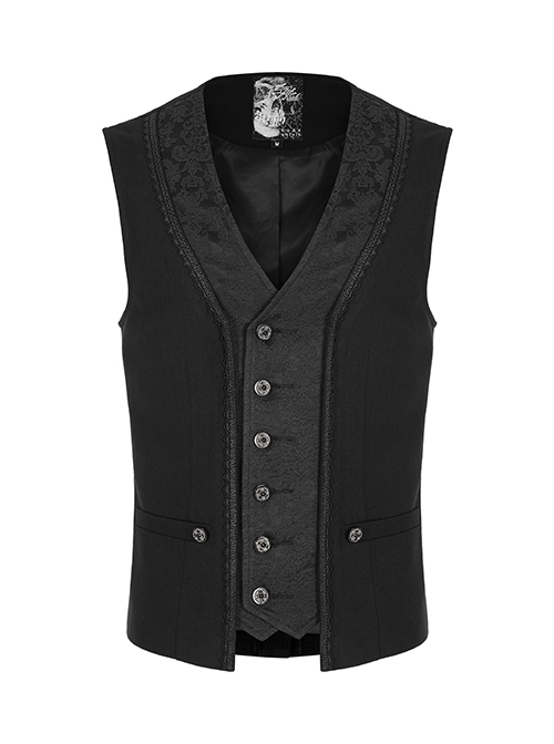 Gothic Style V Neck Woven Jacquard Exquisite 3D Carving Button Webbing Trim Vintage Black Gentleman Vest