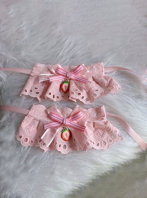 Pink Ribbon Bowknot Strawberry Pendant Embroidered Lace Sweet Lolita Sleeves Wrist Strap