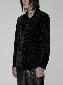 Punk Style Luxury Velvet Personality X Shape Button Chain Decoration Black Long Sleeves Male Shirt