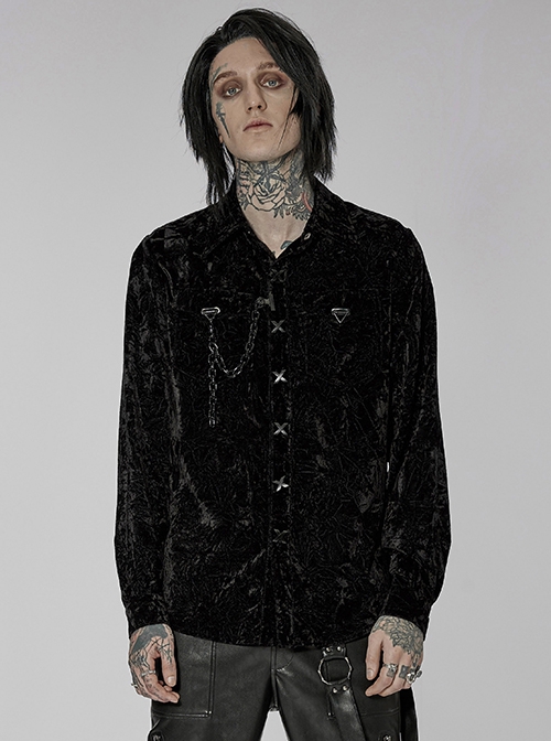 Punk Style Luxury Velvet Personality X Shape Button Chain Decoration Black Long Sleeves Male Shirt