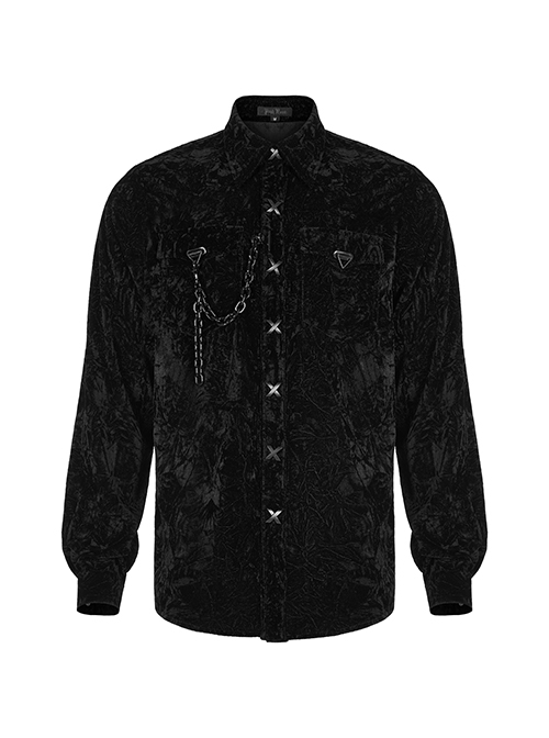 Punk Style Luxury Velvet Personality X Shape Button Chain Decoration Black Long Sleeves Male Shirt