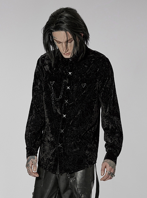 Punk Style Luxury Velvet Personality X Shape Button Chain Decoration Black Long Sleeves Male Shirt