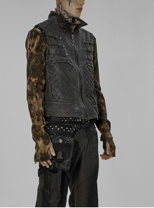 Punk Style Cool Stand Collar Unique Split Design Metal Skull Zipper Anti Apocalyptic Rebel Gray Male Vest