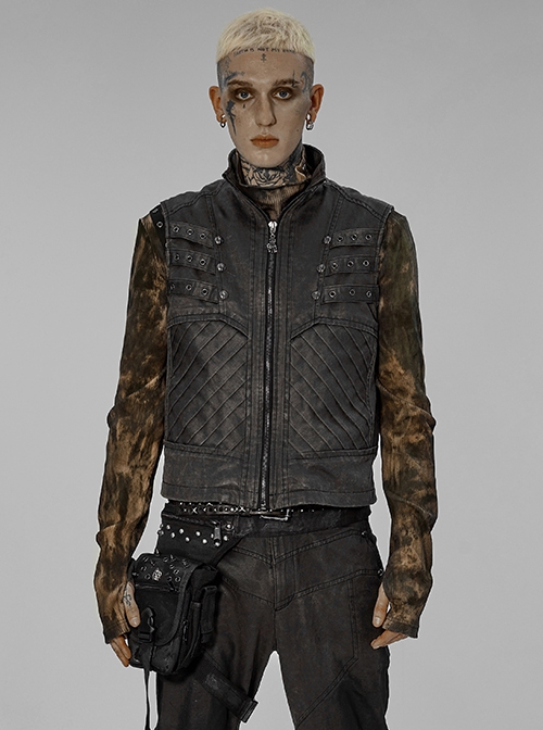 Punk Style Cool Stand Collar Unique Split Design Metal Skull Zipper Anti Apocalyptic Rebel Gray Male Vest