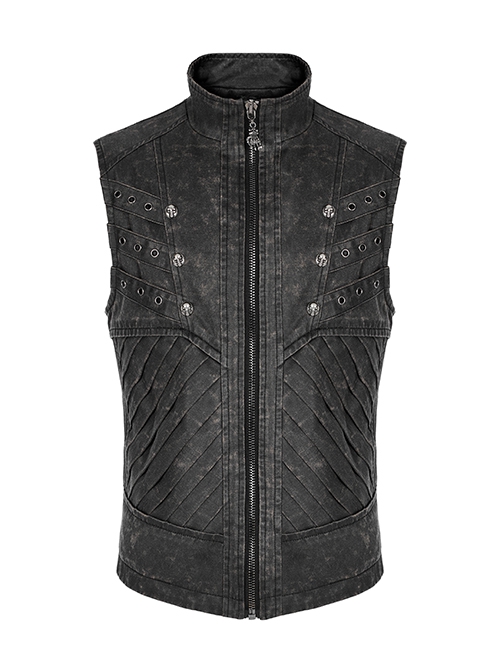 Punk Style Cool Stand Collar Unique Split Design Metal Skull Zipper Anti Apocalyptic Rebel Gray Male Vest