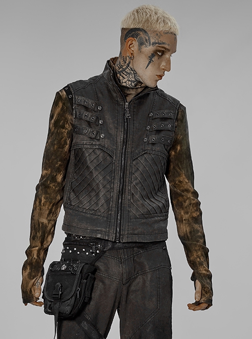 Punk Style Cool Stand Collar Unique Split Design Metal Skull Zipper Anti Apocalyptic Rebel Gray Male Vest